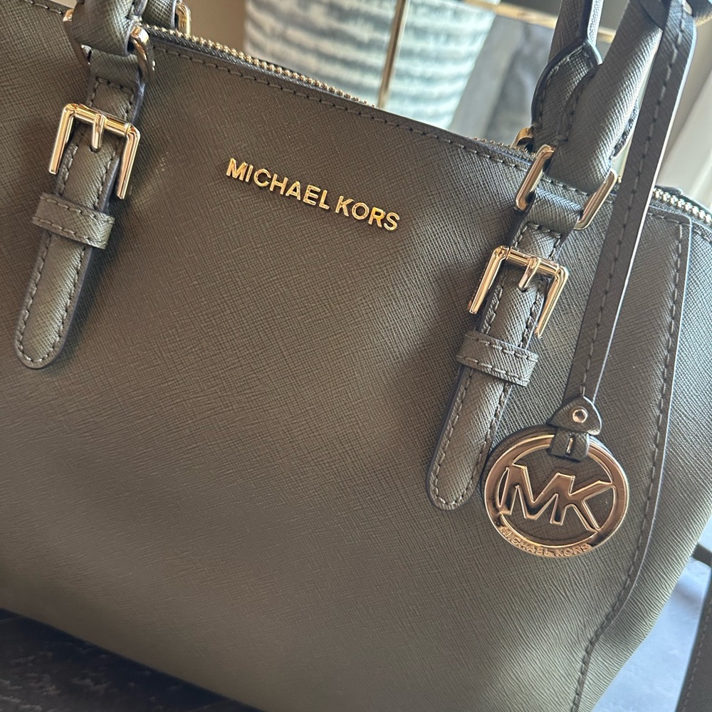 Michael Kors Collection Gray Satchel with Signature Gold Details